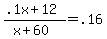 %28.1x+%2B+12%29+%2F+%28x+%2B+60%29+=+.16