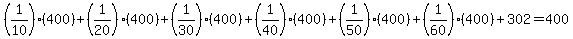 %281%2F10%29%28400%29%2B%281%2F20%29%28400%29%2B%281%2F30%29%28400%29%2B%281%2F40%29%28400%29%2B%281%2F50%29%28400%29%2B%281%2F60%29%28400%29%2B302=400