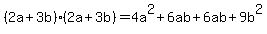 %282a%2B3b%29%282a%2B3b%29+=+4a%5E2+%2B+6ab+%2B+6ab+%2B+9b%5E2