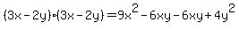 %283x-2y%29%283x-2y%29+=+9x%5E2-6xy-6xy%2B+4y%5E2