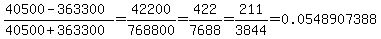 (40500-363300)/(40500+363300) = 42200/768800 = 422/7688=211/3844=0.0548907388