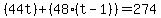 %2844t%29%2B%2848%2A%28t-1%29%29=274