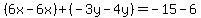 %286x-6x%29%2B%28-3y-4y%29=-15-6