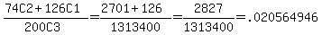 (74C2+126C1)/(200C3) = (2701+126)/1313400 = 2827/1313400 =.020564946