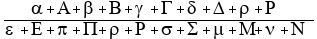 (alpha+ALPHA+beta+BETA+gamma+GAMMA+delta+DELTA+rho+RHO)
/(epsilon+EPSILON+pi+PI+rho+RHO+sigma+SIGMA+mu+MU+nu+NU)