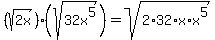 %28sqrt%282x%29%29%28sqrt%2832x%5E5%29%29+=+sqrt%282%2A32%2Ax%2Ax%5E5%29