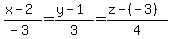 %28x-2%29%2F%28-3%29=%28y-1%29%2F3=%28z-%28-3%29%29%2F4