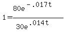  1  =  (80 e^(-.017t))/( 30e^(.014t)) 
