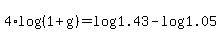 +4%2Alog%28%28+1+%2B+g+%29%29+=+log%28+1.43+%29+-+log%28+1.05+%29+