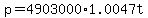 +p+=++4903000+%2A+1.0047t+