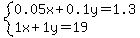 +system%28+%0D%0A++++0.05%5Cx+%2B+0.1%5Cy+=+1.3%2C%0D%0A++++1%5Cx+%2B+1%5Cy+=+19+%29%0D%0A++