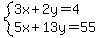 +system+%283x%2B+2y+=4%2C+5x+%2B+13y++=+55%29+