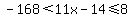 -168+%3C+11x+-+14+%3C+=+8
