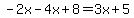 -2x-4x%2B8+=+3x%2B5