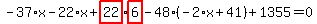 -37%2Ax-22%2Ax%2Bhighlight_red%28+22+%29%2Ahighlight_red%28+6+%29-48%2A%28-2%2Ax%2B41%29%2B1355=0