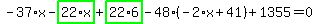 -37%2Ax-highlight_green%28+22%2Ax+%29%2Bhighlight_green%28+22%2A6+%29-48%2A%28-2%2Ax%2B41%29%2B1355=0