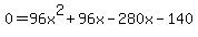 0+=+96x%5E2+%2B96x+-+280x+-+140+