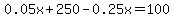 0.05x+%2B+250+-+0.25x+=+100