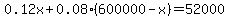0.12x+0.08(600000-x)=52000