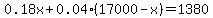 0.18x+%2B+0.04%2817000-x%29+=+1380