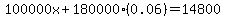100000x+180000(0.06) = 14800