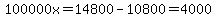100000x = 14800-10800=4000