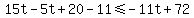 15t+-5t+%2B+20+-11+%3C=+-11t+%2B+72