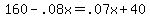 160 - .08x = .07x + 40