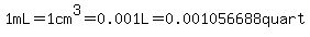 1mL=1cm^3=0.001L=0.001056688quart