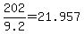 202/9.2 = 21.957
