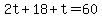2t + 18 + t = 60