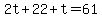 2t+%2B+22+%2B+t+=+61