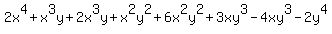 2x%5E4%2Bx%5E3y%2B2x%5E3y%2Bx%5E2y%5E2%2B6x%5E2y%5E2%2B3xy%5E3-4xy%5E3-2y%5E4