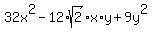 32x%5E2-12%2Asqrt%282%29%2Ax%2Ay%2B9y%5E2