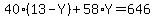 40%2A%2813+-+Y%29+%2B+58%2AY+=+646