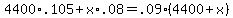 4400+%2A+.105+%2B+x+%2A.08+=+.09%2A%284400+%2B+x%29