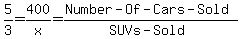 5%2F3=400%2Fx=%28Number-Of-Cars-Sold%29%2F%28SUVs-Sold%29