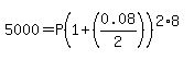 5000 = P(1+(0.08/2))^(2*8)