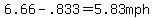 6.66-.833=5.83mph