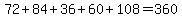 72+%2B+84+%2B+36+%2B+60+%2B+108+=+360