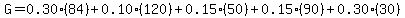G=0.30*(84) + 0.10*(120) + 0.15*(50) + 0.15*(90)+ 0.30*(30)