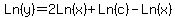 Ln%28y%29=2Ln%28x%29%2BLn%28c%29-Ln%28x%29