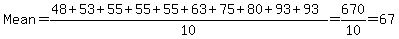 Mean=%2848%2B53%2B55%2B55%2B55%2B63%2B75%2B80%2B93%2B93%29%2F10=670%2F10=67