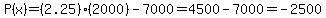 P%28x%29+=+%282.25%29%2A%282000%29+-+7000+=+4500+-+7000+=+-2500