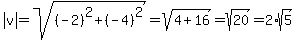 abs(v)=sqrt((-2)^2+(-4)^2)=sqrt(4+16)=sqrt(20)=2*sqrt(5)