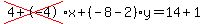 cross%284%2B-4%29%2Ax%2B%28-8-2%29%2Ay=14%2B1