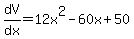 dV%2Fdx=12x%5E2-60x%2B50
