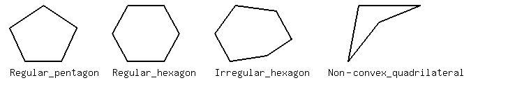 drawing%28720%2C+120%2C+-0.2%2C+9.6%2C+-0.4%2C+1.1%2C%0D%0A%0D%0A+++++++++++++++line%280.0%2C0.6%2C++0.3%2C+0.0%29%2C%0D%0A+++++++++++++++line%280.3%2C0.0%2C++1.0%2C+0.0%29%2C%0D%0A+++++++++++++++line%281.0%2C0.0%2C++1.3%2C+0.6%29%2C%0D%0A+++++++++++++++line%281.3%2C0.6%2C++0.65%2C1.0%29%2C%0D%0A+++++++++++++++line%280.0%2C0.6+%2C+0.65%2C1.0%29%2C%0D%0A+++++++++++locate%280.0%2C-0.1%2C+Regular_pentagon%29%2C%0D%0A%0D%0A+++++++++++++++line%282.0%2C0.5%2C+2.3%2C0.0%29%2C%0D%0A+++++++++++++++line%282.3%2C0.0%2C+3.0%2C0.0%29%2C%0D%0A+++++++++++++++line%283.0%2C0.0%2C+3.3%2C0.5%29%2C%0D%0A+++++++++++++++line%283.3%2C0.5%2C+3.0%2C1.0%29%2C%0D%0A+++++++++++++++line%282.3%2C1.0%2C+3.0%2C1.0%29%2C%0D%0A+++++++++++++++line%282.0%2C0.5%2C+2.3%2C1.0%29%2C%0D%0A+++++++++++locate%282.0%2C-0.1%2C+Regular_hexagon%29%2C%0D%0A%0D%0A+++++++++++++++line%284.0%2C0.5%2C+4.3%2C0.0%29%2C%0D%0A+++++++++++++++line%284.3%2C0.0%2C+5.0%2C0.1%29%2C%0D%0A+++++++++++++++line%285.0%2C0.1%2C+5.5%2C0.4%29%2C%0D%0A+++++++++++++++line%285.5%2C0.4%2C+5.2%2C0.9%29%2C%0D%0A+++++++++++++++line%284.4%2C1.0%2C+5.2%2C0.9%29%2C%0D%0A+++++++++++++++line%284.0%2C0.5%2C+4.4%2C1.0%29%2C%0D%0A+++++++++++locate%284.0%2C-0.1%2C+Irregular_hexagon%29%2C%0D%0A%0D%0A+++++++++++++++line%286.6%2C0%2C+++6.8%2C1.0%29%2C%0D%0A+++++++++++++++line%286.6%2C0%2C+++7.2%2C0.7%29%2C%0D%0A+++++++++++++++line%287.2%2C0.7%2C+8.0%2C1.0%29%2C%0D%0A+++++++++++++++line%286.8%2C1.0%2C+8.0%2C1.0%29%2C%0D%0A+++++++++++locate%286.2%2C-0.1%2C+Non-convex_quadrilateral%29%0D%0A%29