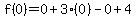 f%280%29+=+0+%2B+3%280%29+-0+%2B+4