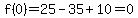 f%280%29+=+25+-35+%2B+10+=+0